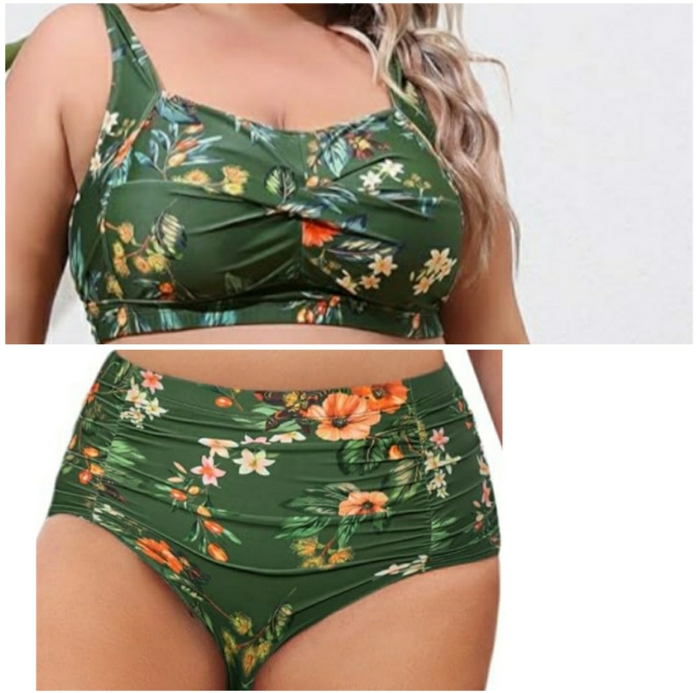 Floral Print Two Piece Bikini Swimsuit Plus Size 14/16w Green
